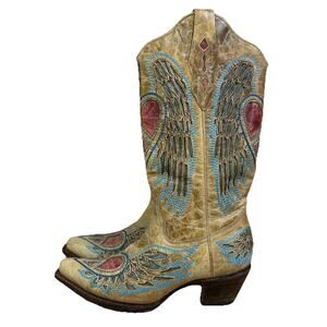 Corral Vintage Hearts Peace Wings Inlay Leather Cowboy Boots 6.5M Boho Western
